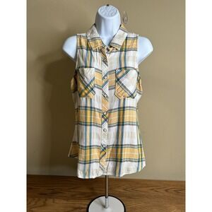 Shyanne yellow plaid sleeveless western top black buttons Size Small